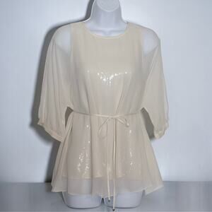 Elie Tahari Silk Sheer Blouse Sequin Tank Ivory Tie Waist Layered Top Size S